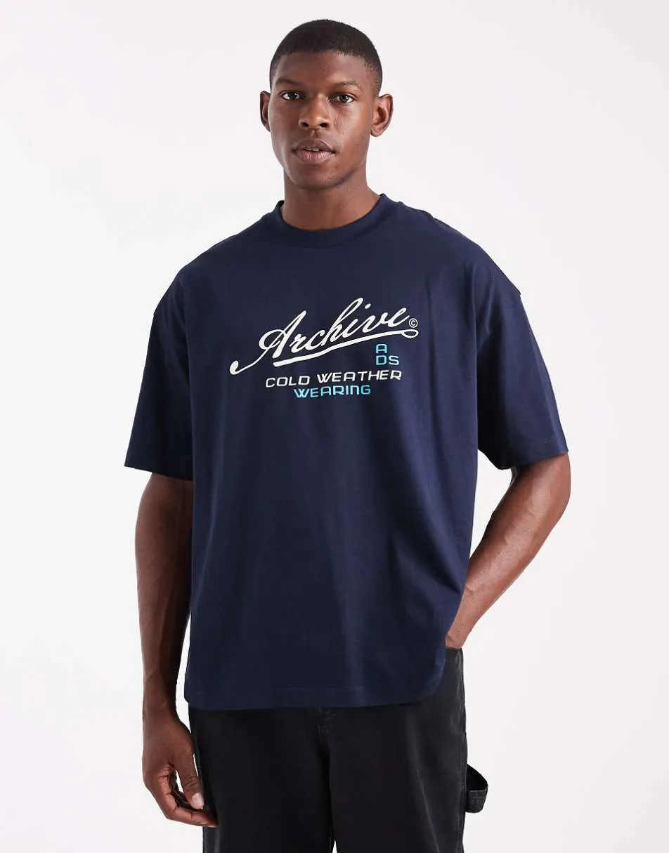 ASOS DESIGN oversized t-shirt with text graphic in navy