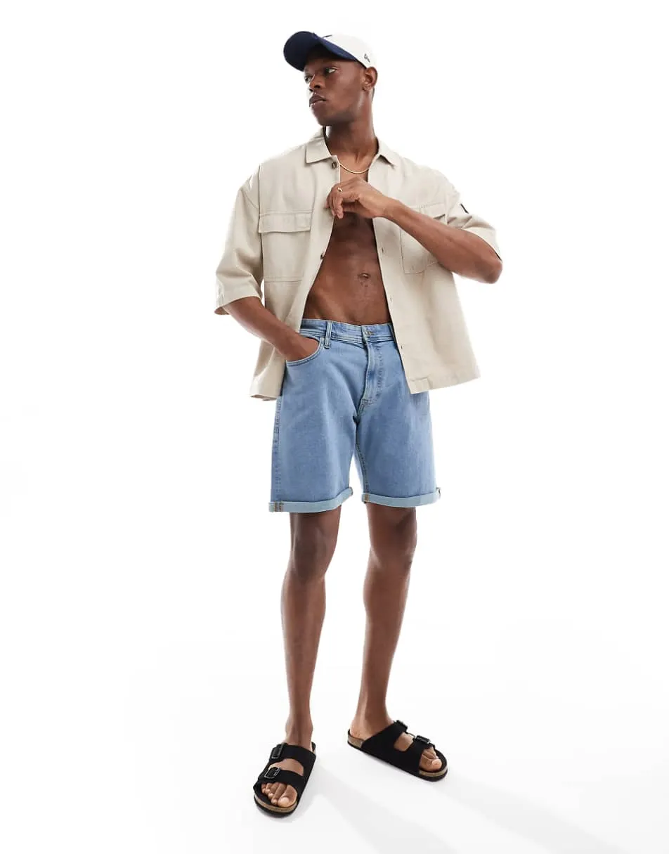 JJ Rebel turn up denim short in light blue denim