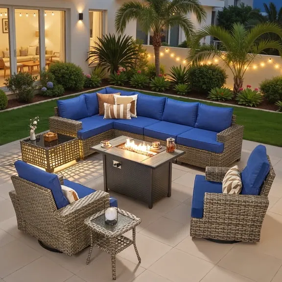 Ovios 10 Pieces Outdoor Patio Furniture Set with Fire Pit All-Weather Wicker Sectional with Swivel Chairs, Navy Blue