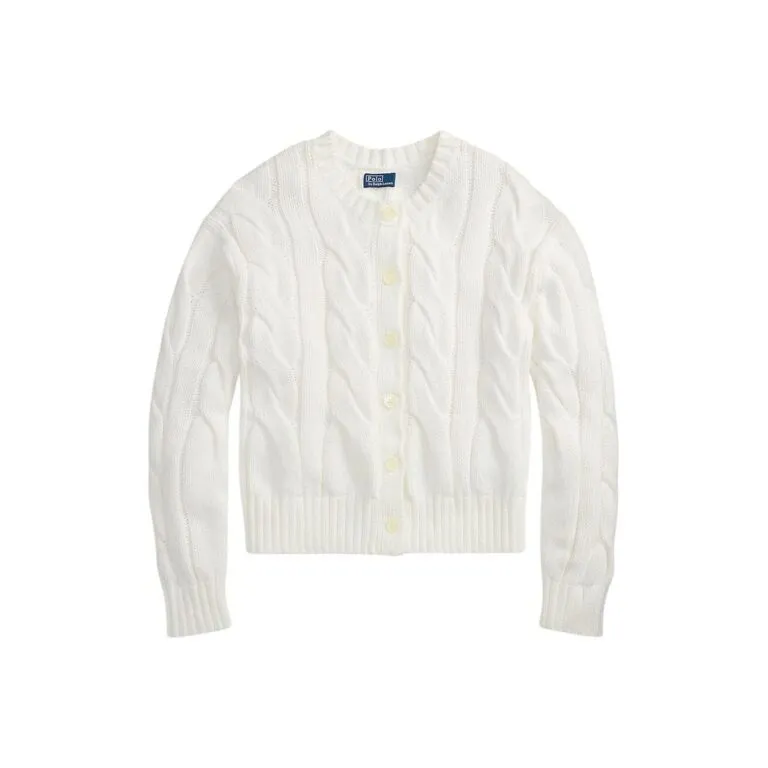 Cable-Knit Cotton Crewneck Cardigan - Hvit