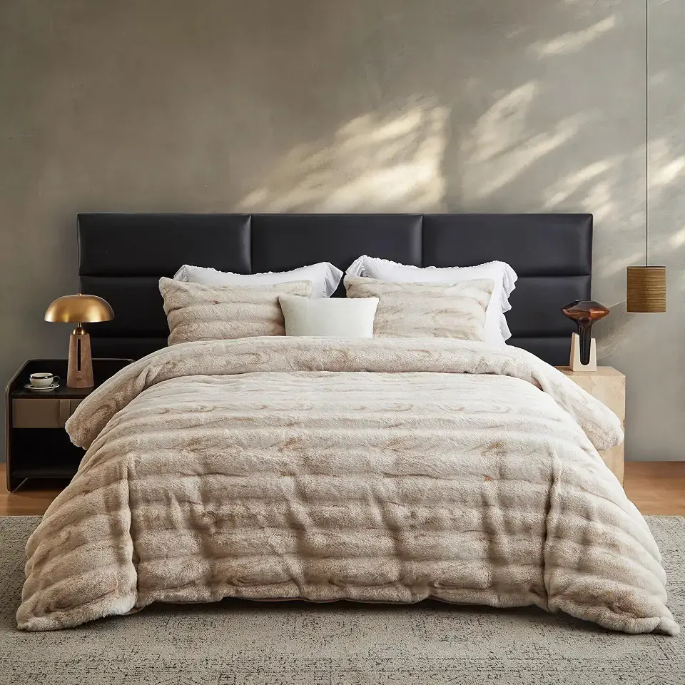 BOLINLIVING Rabbit Fluffy Faux Fur Duvet Cover Set Queen Size, Luxury Beige Marbled Plush Comforter Cover Bedding Set, Warm Soft Comforter Cover Set for Winter