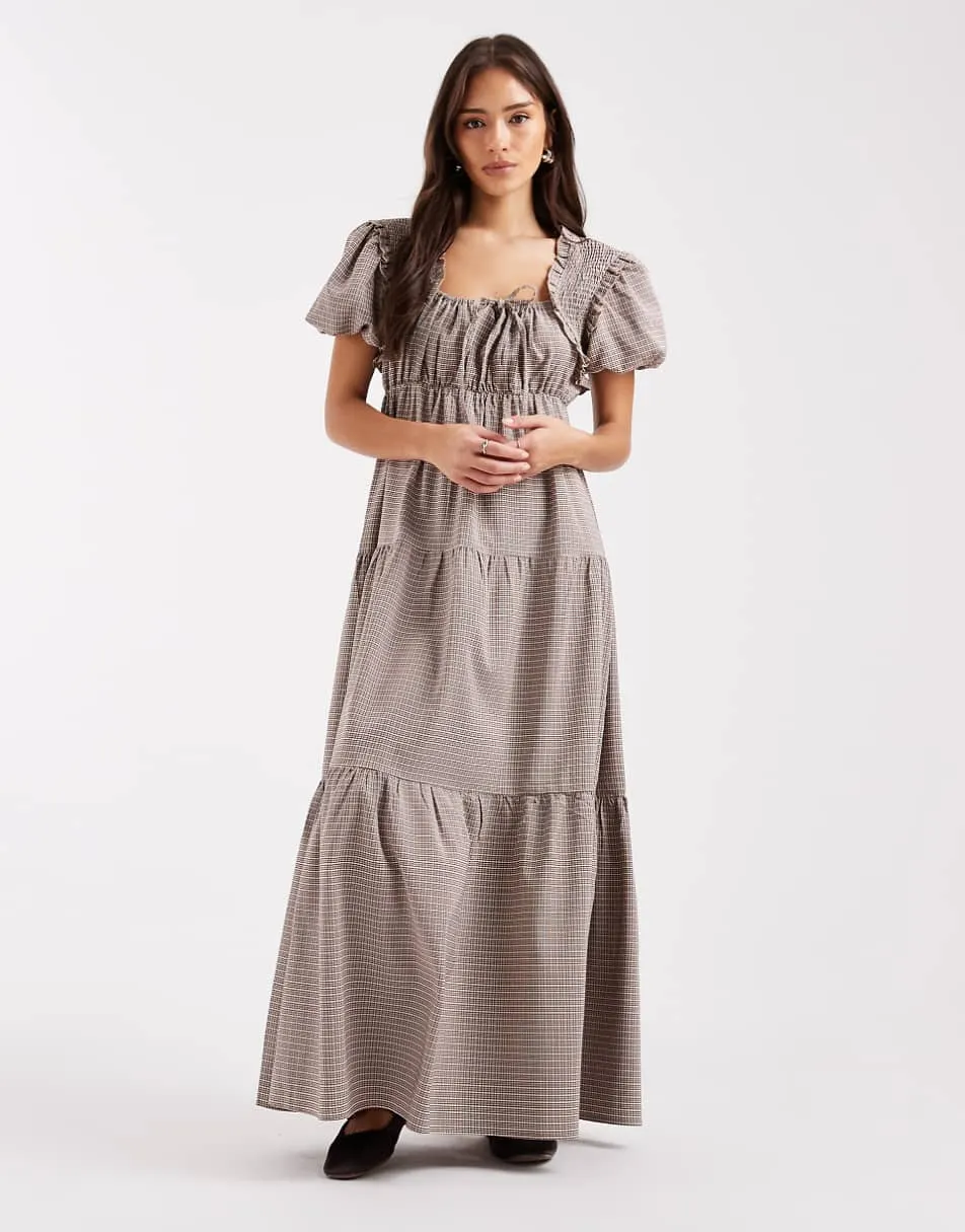 Daisy Street boho ruffle puff sleeve tiered maxi dress in beige check
