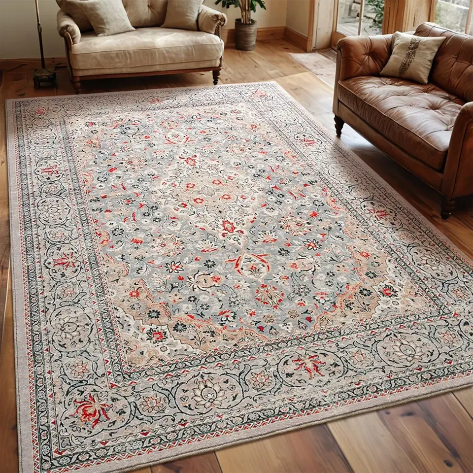 Washable Rug 4x6, Beige Area Rugs Non Slip, Indoor Low Pile Carpet with Rubber Backing for Living Room Kitchen Bathroom Entryway Office Bedroom