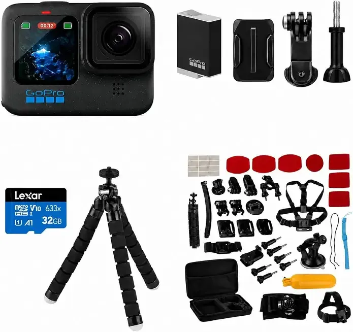 HERO12 Black Waterproof Action Camera with 5.3K60 Ultra HD Video, 27MP Photos, HDR, Live Streaming, Webcam, Stabilization, Bundle with Froggi Accessory Kit and 32GB Memory Card
