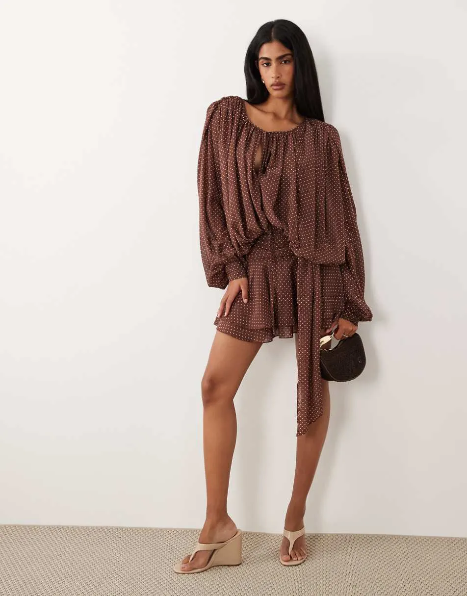 Lioness Elements chiffon drape detail balloon sleeve tie waist mini dress in chocolate and cream polka dot