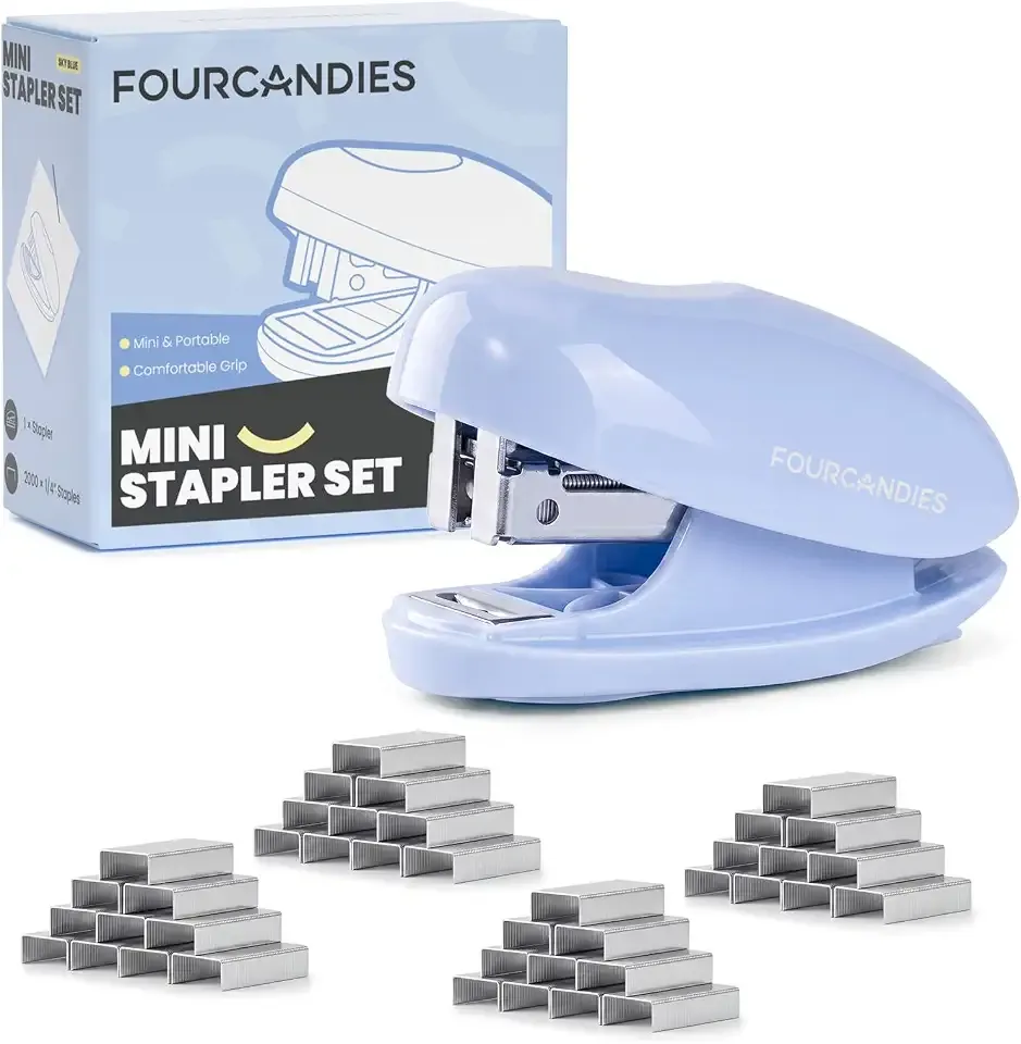 Four Candies Mini Stapler with 2000 Staples,25-Sheet Capacity, Jam-Free | Small Cute Desk Stapler for Office, School, Home Built-in Staple Remover Blue