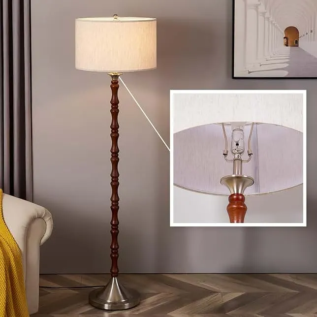 MITELSON Mid Century Floor Lamp with Linen Drum Shade - Dimmable Tall Standing Lamp, Rustic Wooden Retro Lamp for Living Room Bedroo…