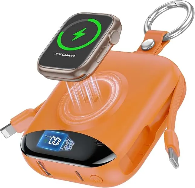 Portable Charger, 10000mAh 22.5W Fast Charging Power Bank with Built-in Cables, Travel Essentials Battery Pack with LED Display for iPhone, Portable iWatch Charger for 11/10/9/8/7/6/5/SE/Ultra Orange