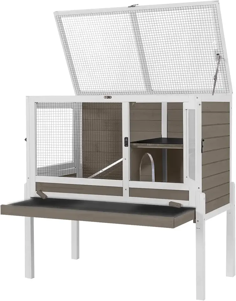 Aivituvin Guinea Pig Cages, Rabbit Hutch with Anti-Chew Frame, Bunny Cage with Cleaning Sliding Tray, 3 Openable Areas, Assemblable Legs, Ramp & Hideout Included - Brown