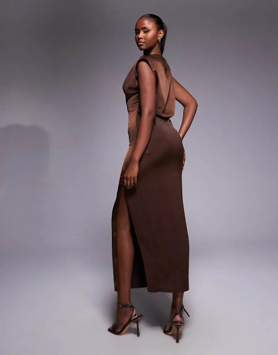 ASOS DESIGN high neck pleated midi dress in chocolate