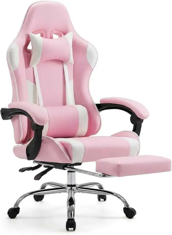 SUMELL Pink and White Gaming Chair - Ergonomic Computer Desk Chair with Footrest & Lumbar Support
