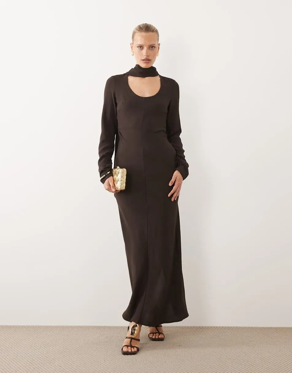 ASOS DESIGN long sleeve scoop neck maxi dress with scarf in chocolate brown