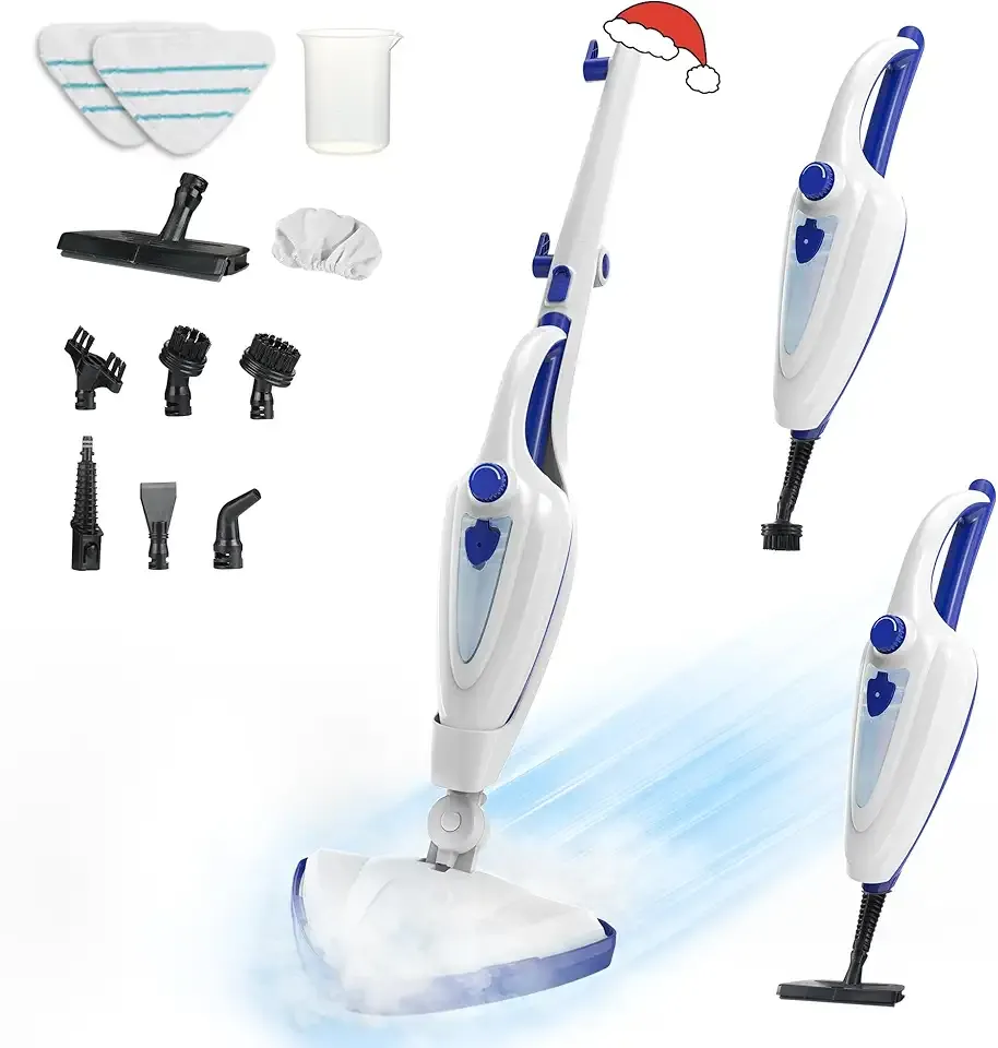12-in-1 Steam Mop, Fast 15-Sec Heat-Up, 1500W Detachable Handheld Steam Cleaner with 2 Dirt Grip Pads, Removes 99.99% Stubborn Stains for Hardwood Floors, Clothes, Windows, Tiles, Furniture, White