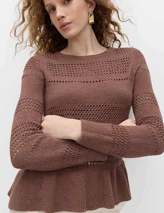 Pointelle-Pullover aus Baumwollmischgewebe mit Rüschen