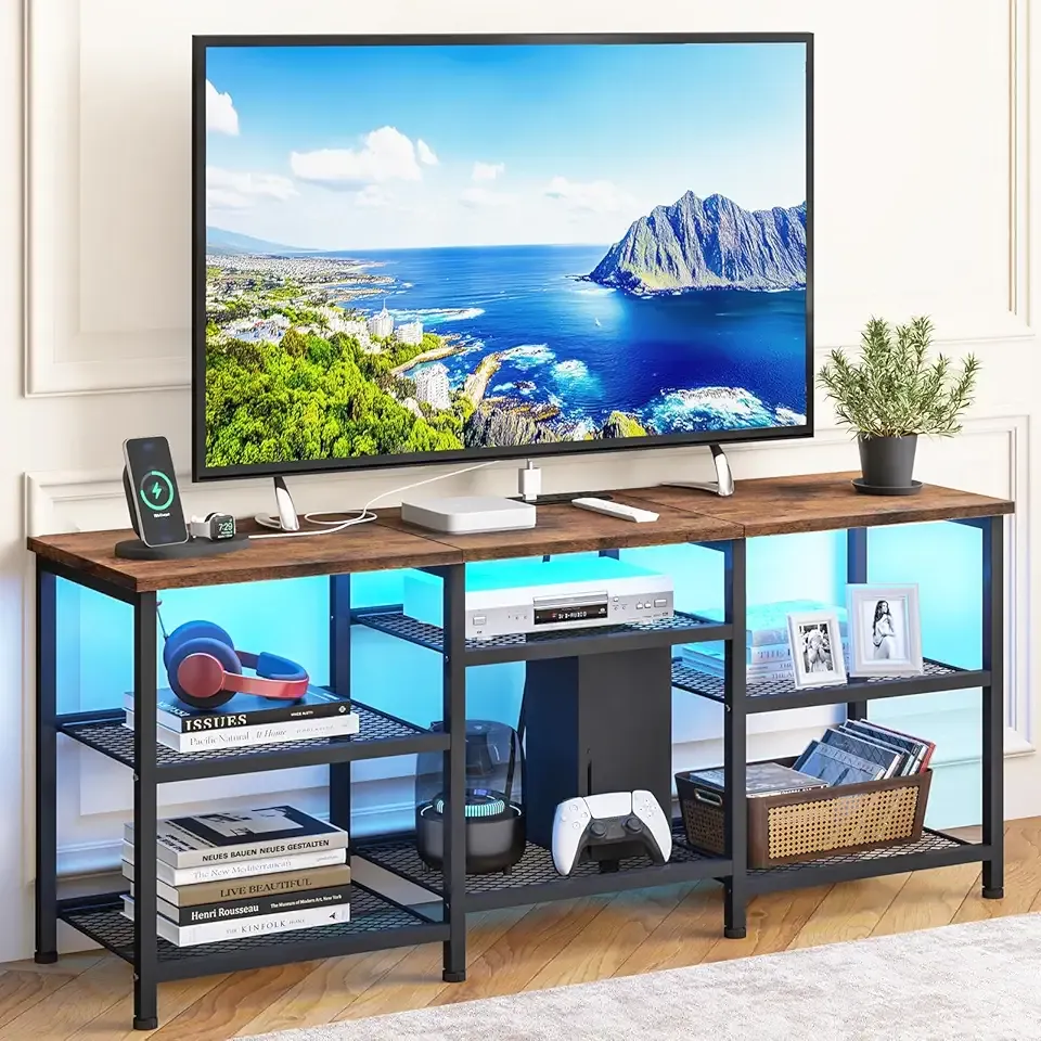 TV Stand for 55 Inch TVs, Entertainment Center with Movable Shelf Panels, Power Outlet and LED Lights Open Storage Shelves, TV Media Console Table for Living Room and Bedroom, Rustic Brown
