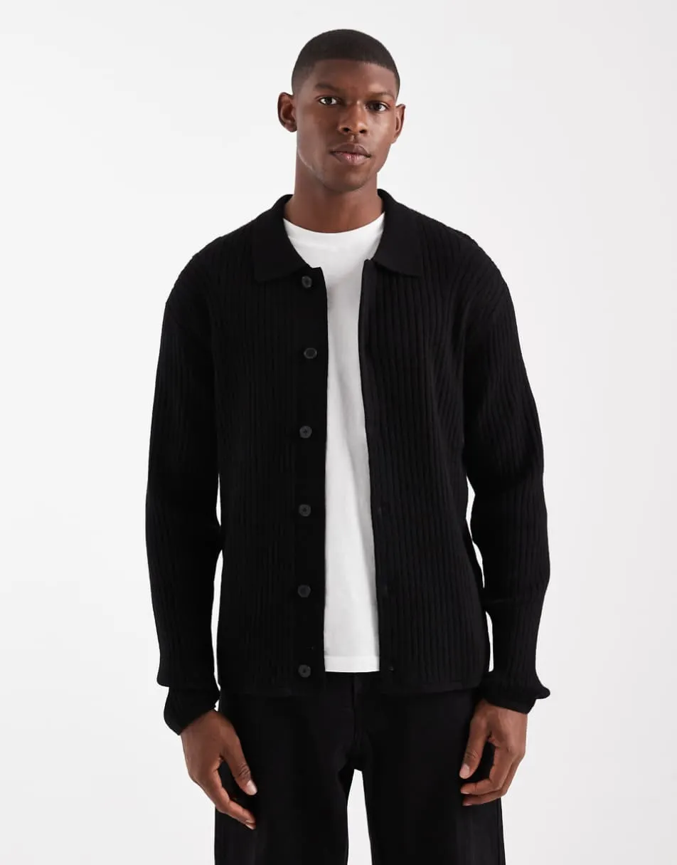 Jack & Jones Premium ribbed cardigan with collar in black