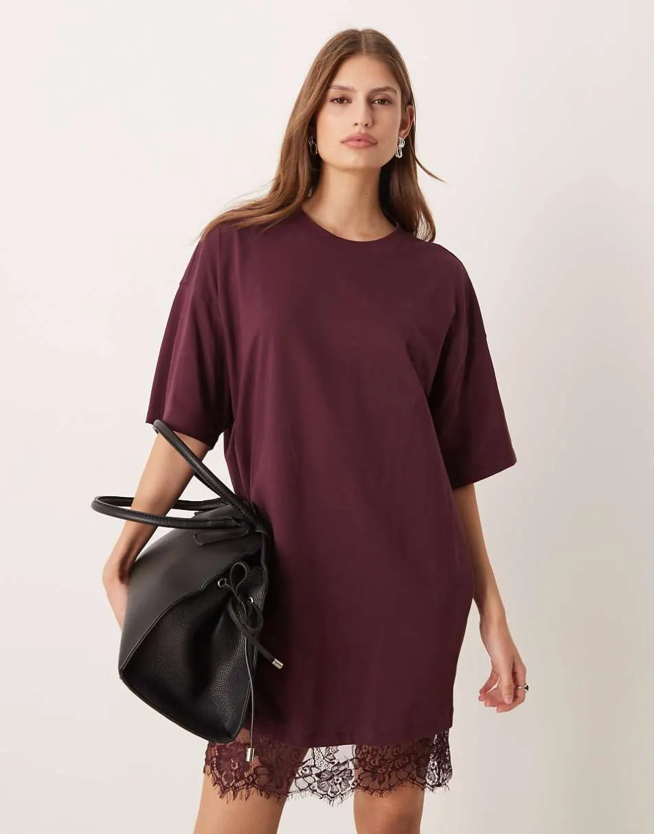 ASOS DESIGN oversized mini dress with lace hem trim in fig