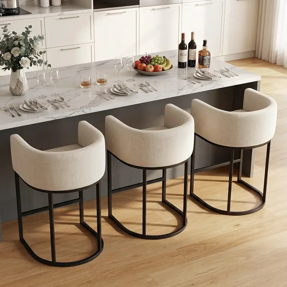 Counter Height Bar Stools Set of 3, 24 Inch Seat Height Barstools for Dining Room, Fabric Upholstered Bar Chair for Kitchen Island, Linen Counter Stools with Metal Legs, Beige