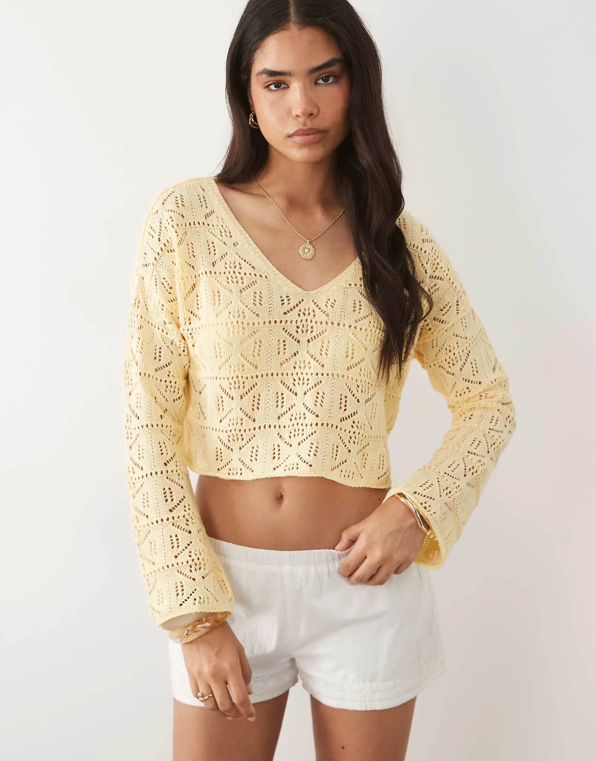 Miss Selfridge crochet slouchy jumper in yellow