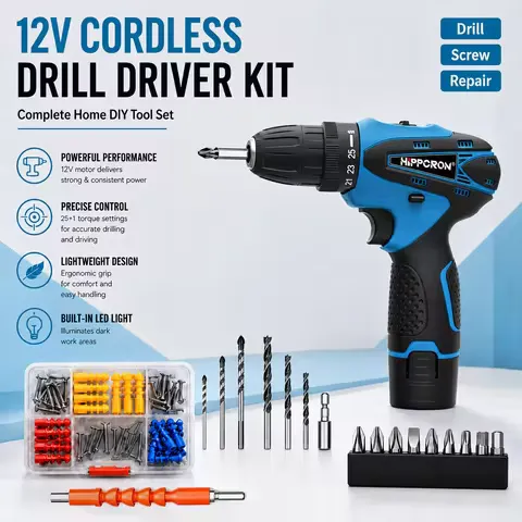Hippcron 12V Lithium Electric Drill Tapping Cordless Impact Tool Set Multifunction Screwdriver Household with 3/8" Keyless Chuck