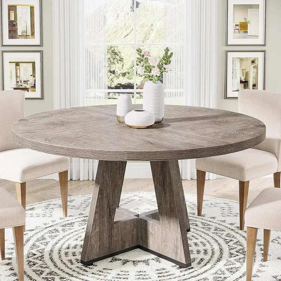 Tribesigns 47 inch Round Dining Table Wood Kitchen Table for Dining Room, 47" Dinner Room Tables for 4-6, Farmhouse Accent Furniture with Wooden Tabletop and Cross Base, Rustic Grey | for Dining Room, Dinning Room Tables