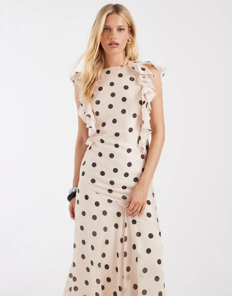 & Other Stories maxi dress with ruffle edging and low back in neutral polka dot print