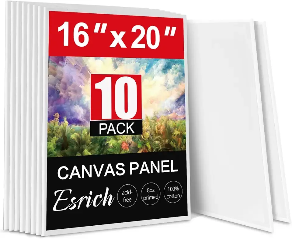 ESRICH Canvas for Painting 16x20 Inch, 10 Pack Flat Canvas Boards for Painting Cotton Primed Acid Free Large Blank Canvases, Canvas Panels for Oil Paint, Watercolor, Acrylic Paint, Gouache, Tempera.