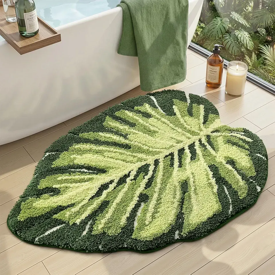 DEXI Leaf Bathroom Rugs Monstera, 23.5x31.5 Soft Fluffy Cute Bath Mat with Non Slip Backing, Washable Absorbent Bath Rug Quick Dry for Shower Floor, Toilet, Bedroom, Kids Room, Green