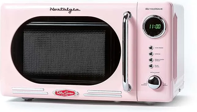 Nostalgia Retro Compact Countertop Microwave Oven - 0.7 Cu. Ft. - 700-Watts with LED Digital Display - Child Lock - Easy Clean Interior - Pink
