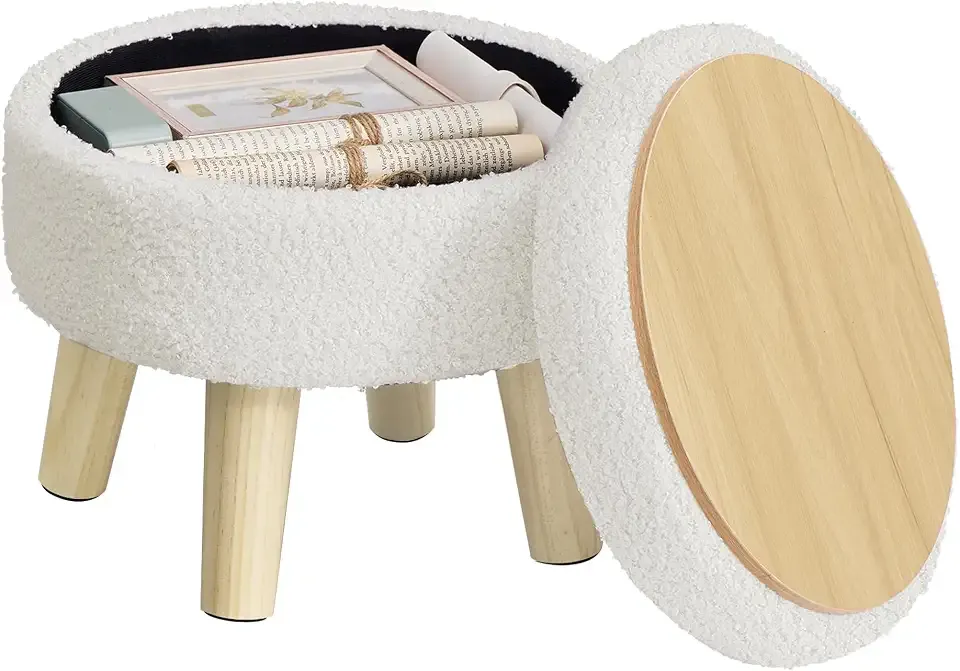 Storage Ottoman, Foot Stool, Foot Rest with Wood Legs | Small Table for Hallway, Living Room, 12.2 Inches, Teddy Fleece, White ULOM515WD01