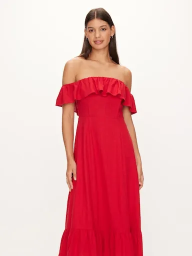 Frill Linen Blend Midi Dress