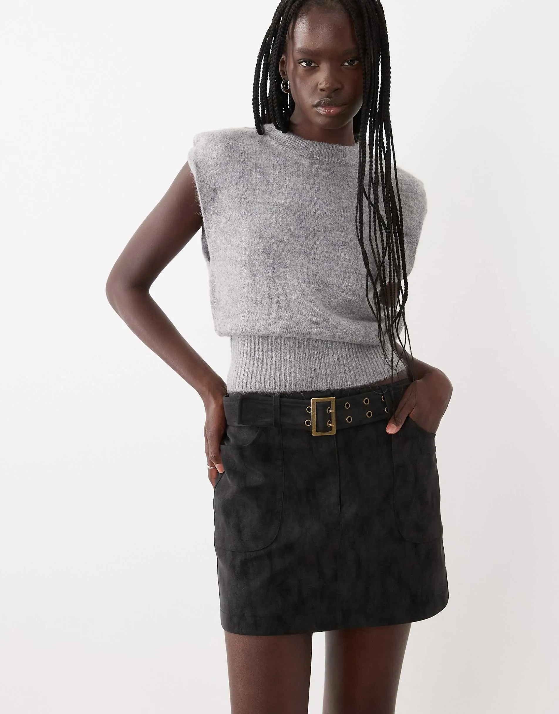 New Look belted A-line faux suede mini skirt in black