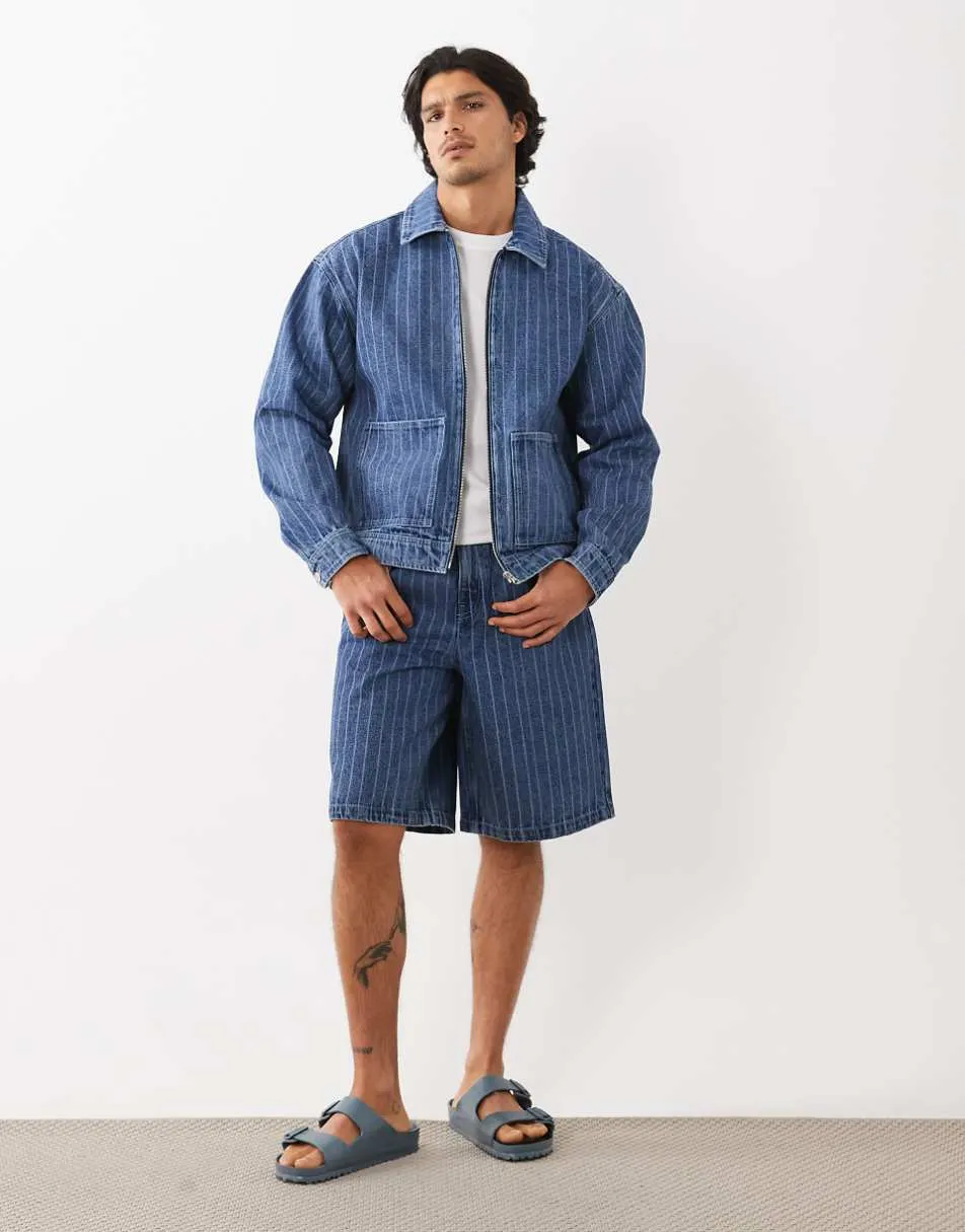ASOS DESIGN co-ord striped denim jacket in mid wash blue
