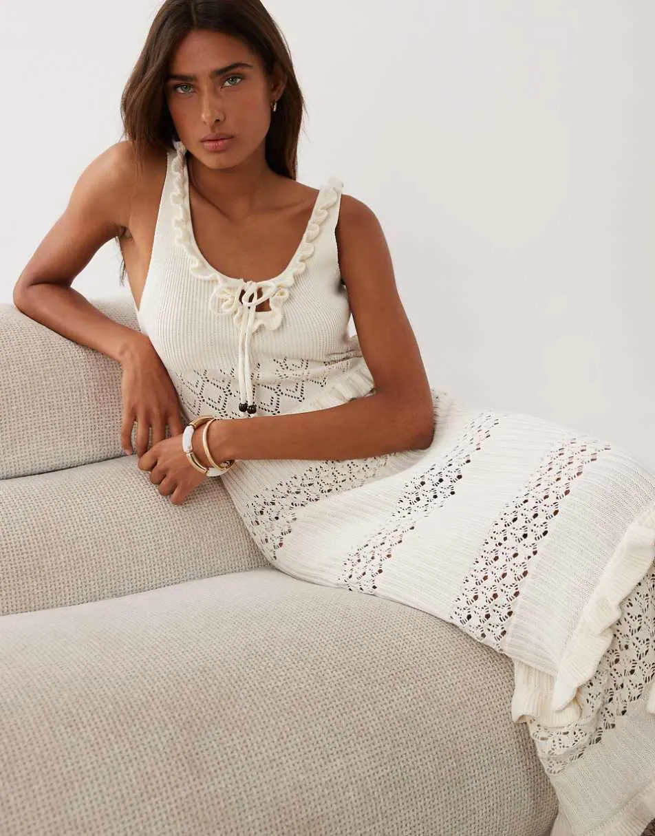 Miss Selfridge frill detail crochet maxi dress in cream