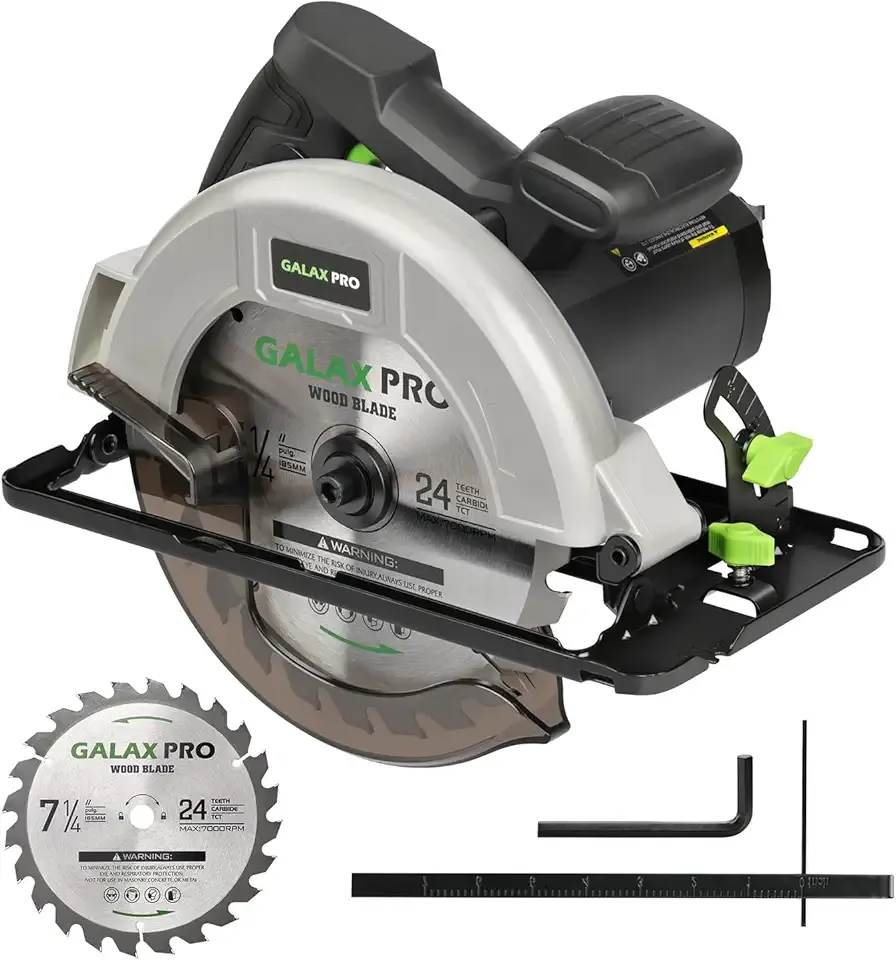 GALAX PRO 11 Amp Power Circular Saw, 6000RPM Corded Circular Saw with Adjustable Cutting Depth 2-1/2" (90°) to 1-7/8" (45°), 7-1/4 Inch Carpentry Saw Blade, Ideal for Wood, Plastic Cuts