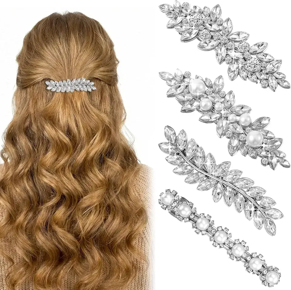 Nogeqi 4 Pcs Rhinestone Hair Clips, Sparkly Crystal Fancy Hair Clip for Women, Silver Hair Clips with Pearl, Rhinestone Barrettes for Women, Bridal Hair Accessories for Women, Wedding, Prom(4 Styles)