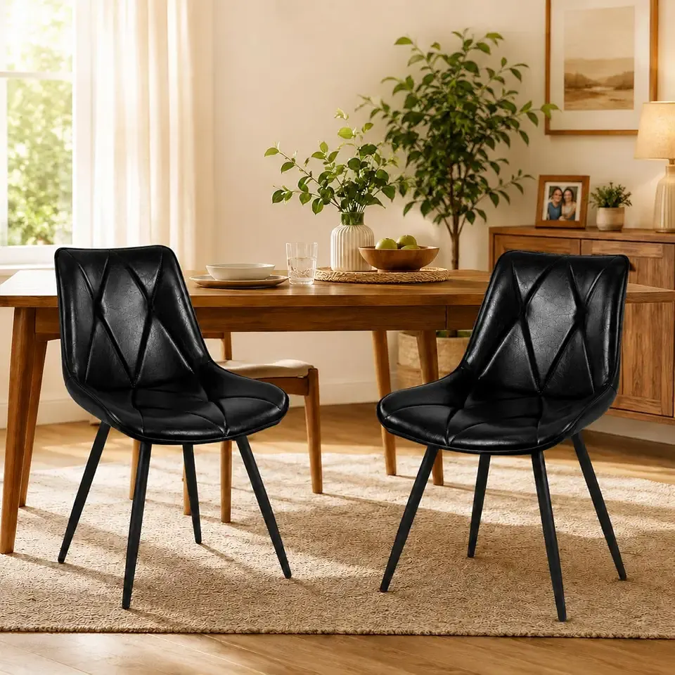 Dining Chairs Set of 2, Kitchen Chairs with Sturdy Legs (Black) | Ergonomic Backrest, Easy to Clean, Sturdy Metal Frame, Perfect for Kitchen, Dining Room, Living Room & Small Spaces