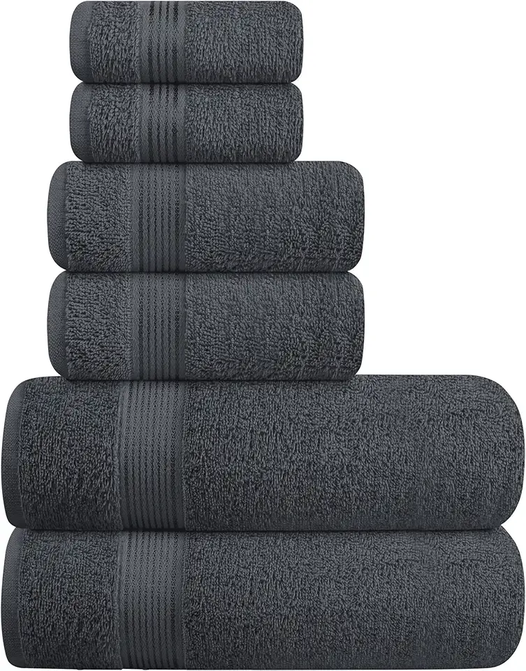 Elvana Home Ultra Soft 6 Pack Cotton Towel Set, Contains 2 Bath Towels 28x55 inch, 2 Hand Towels 16x24 inch & 2 Wash Coths 12x12 inch, Ideal Everyday use, Compact & Lightweight - Charcoal Grey
