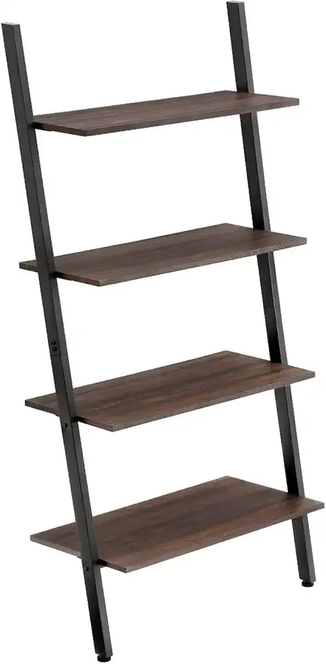 Ladder Shelf, 4-Tier Bookshelf, Storage Rack Shelves, for Living Room, Kitchen, Office, Steel, Stable, Sloping, Leaning Against The Wall, Industrial, Rustic Dark Brown and Black ULLS43BF