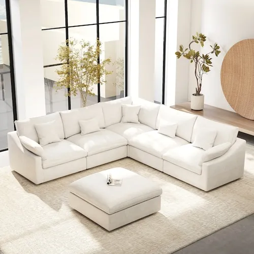 Magic Home Modular Large 238 in. Flared Arm 6-Piece V-Shaped Linen Cloud Couch Sectional Sofa with Ottoman in. White