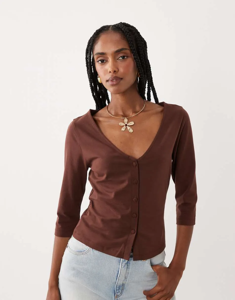 ASOS DESIGN co-ord 3/4 sleeve button through cardi in brown