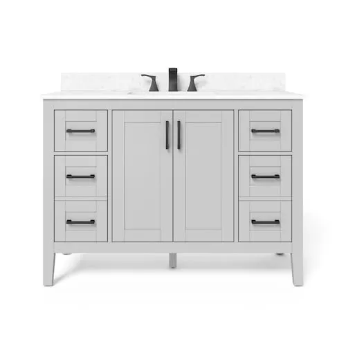 Home Decorators Collection Ellia 48-inch W x 20-inch D 2-Door & 6-Drawer Grey Wood Bathroom Vanity Single Undermount Sink with White Engineered Carrera Stone Top