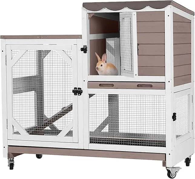 Rabbit Hutch Outdoor Indoor,Two Story Wooden Bunny Cage with Casters,Guinea Pig Cage for Small to Medium Animals with Waterproof Roof and Leakproof Tray