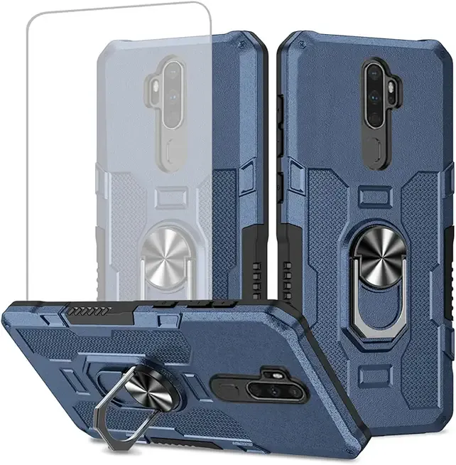 Case for Oppo A9 2020 Case, Oppo A5 2020 Case with Tempered Glass Screen Protector, Heavy Duty Protection with Metal Ring Magnetic Kickstand Phone Cover for Oppo A9 2020 Blue