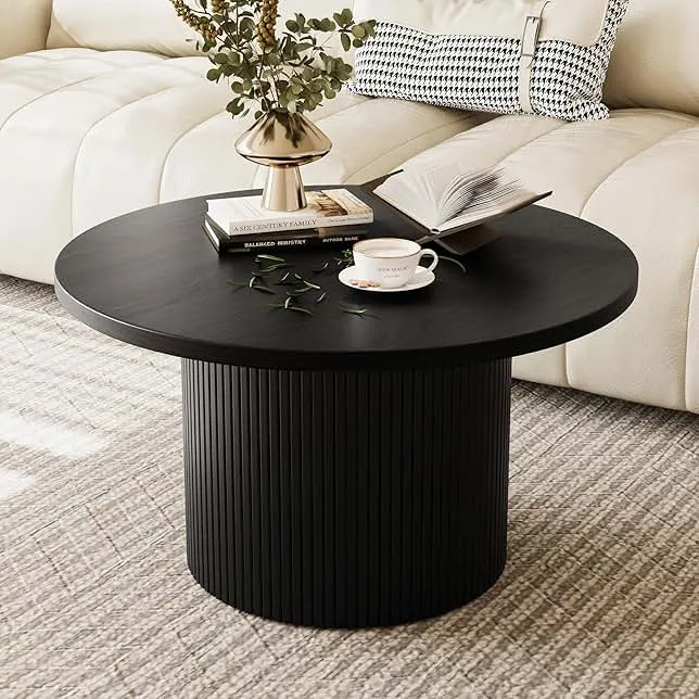 MAISONARIA Black Round Coffee Table with Metal Frame, 35" Coffee Tables for Living Room, Circle Wood Accent Center Table for Apartment