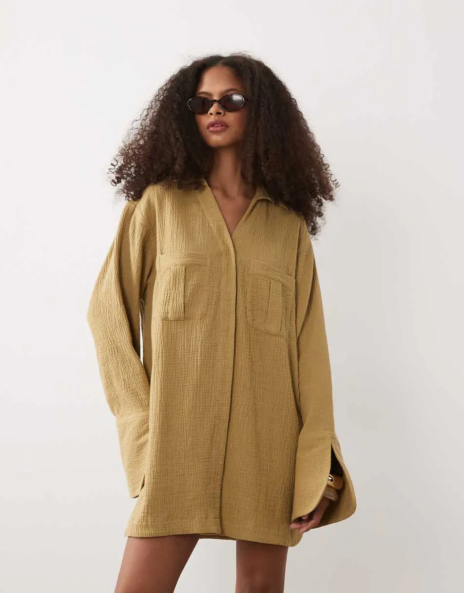 ASOS DESIGN double cloth mini shirt dress with wide cuffs and oversized pockets in toasted sage