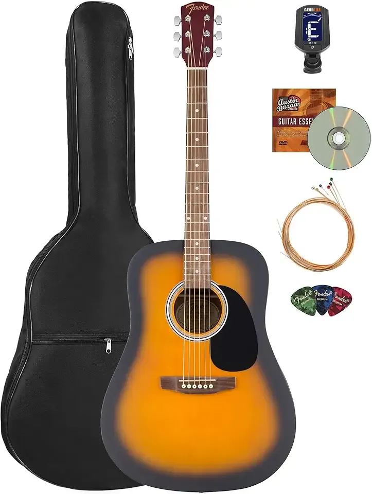 Fender FA Series Dreadnought Acoustic Guitar - 2-Color Sunburst Bundle with Gig Bag, Tuner, Strings, Picks, and Austin Bazaar Instructional DVD