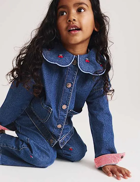 Denim-Hemdjacke mit Kragen und Kirschenstickerei (2–10 J.)