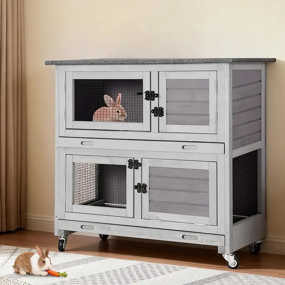 2-Story Rabbit Hutch Indoor Outdoor with Wheels, Bunny Cage with Slip-Proof Ramp, Guinea Pigs Cage with Waterproof Roof & Easy-Clean Tray, Multi-Access Doors, 36"