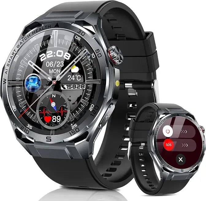 Yowow BIT Smart Watch for Men (Answer/Make Call), GPS Maps, LED Flashlight, SpO2 Sleep Monitor, Heart Rate & Blood Pressure Tracking, IP68 Waterproof, 1.53" AMOLED Display Fitness Tracker (Black 2)